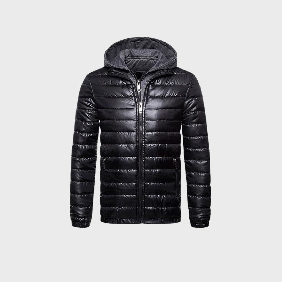 Front of black leather puffer jacket with zipper fastening, zipper pockets and hood.