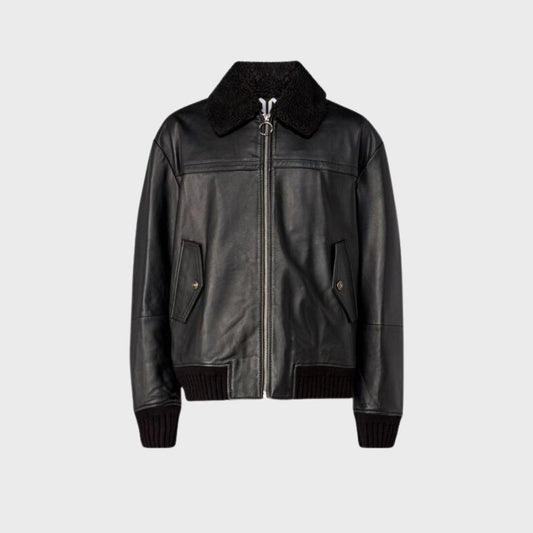 Black leather bomber jacket with snap button pockets