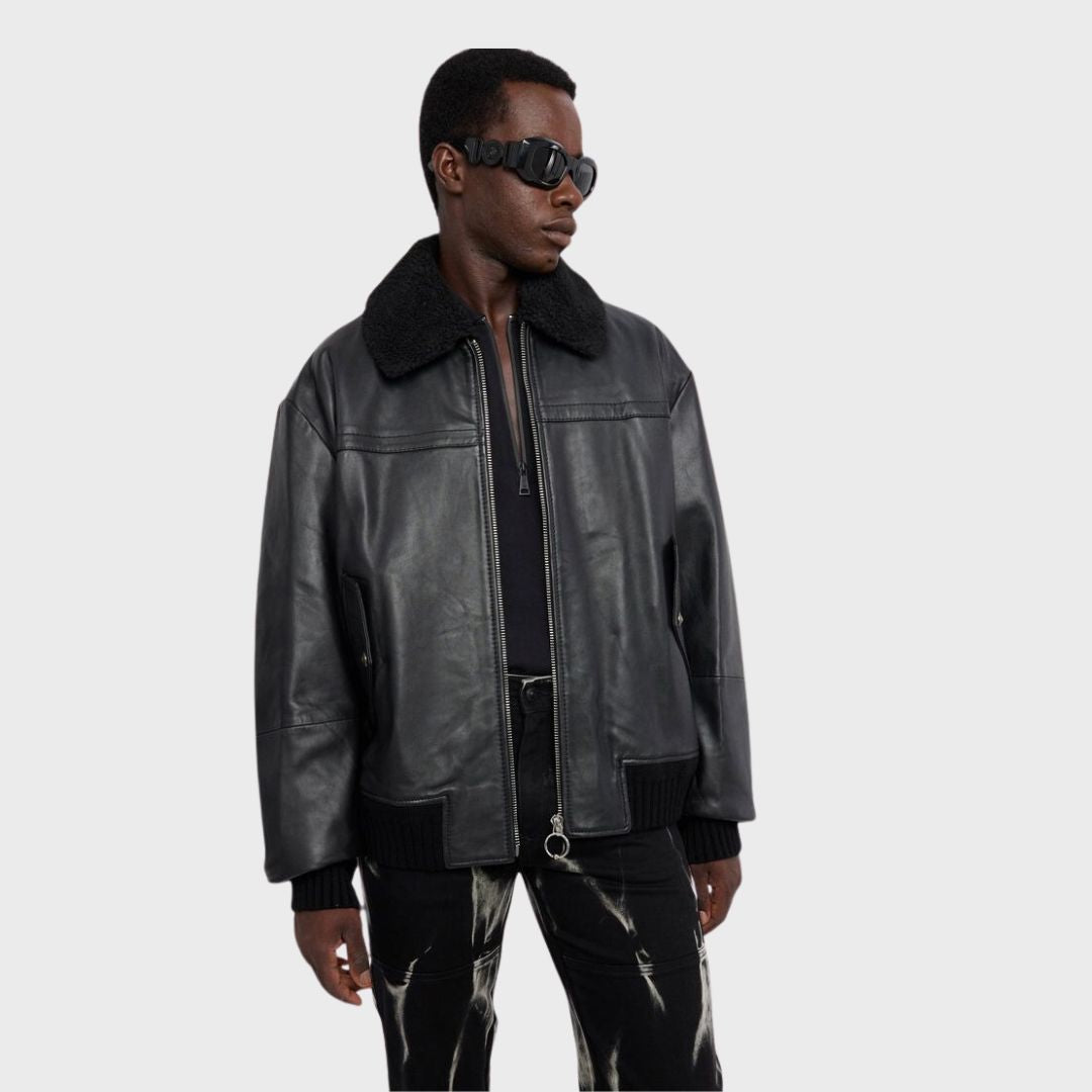 Black short hair guy wearing black leather bomber jacket with sunglasses