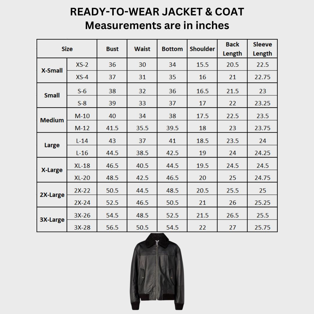 Size chart of black leather bomber jacket with zipper fastening