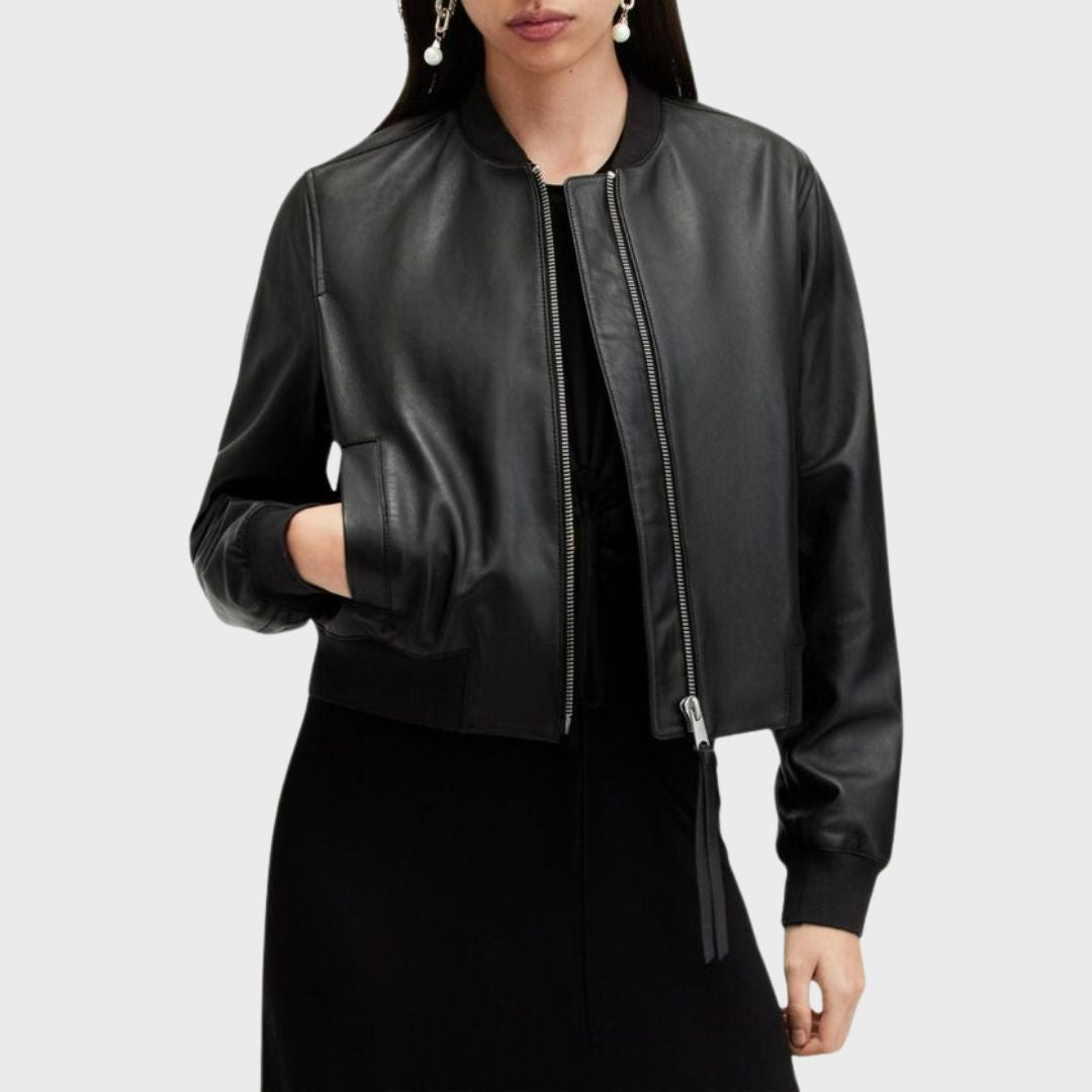 zipper fastening closure black bomber jacket lambskin