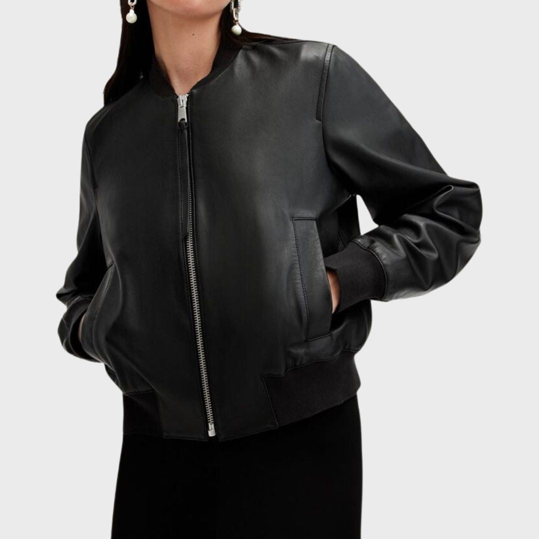 slit pockets on a black leather bomber jacket for woman