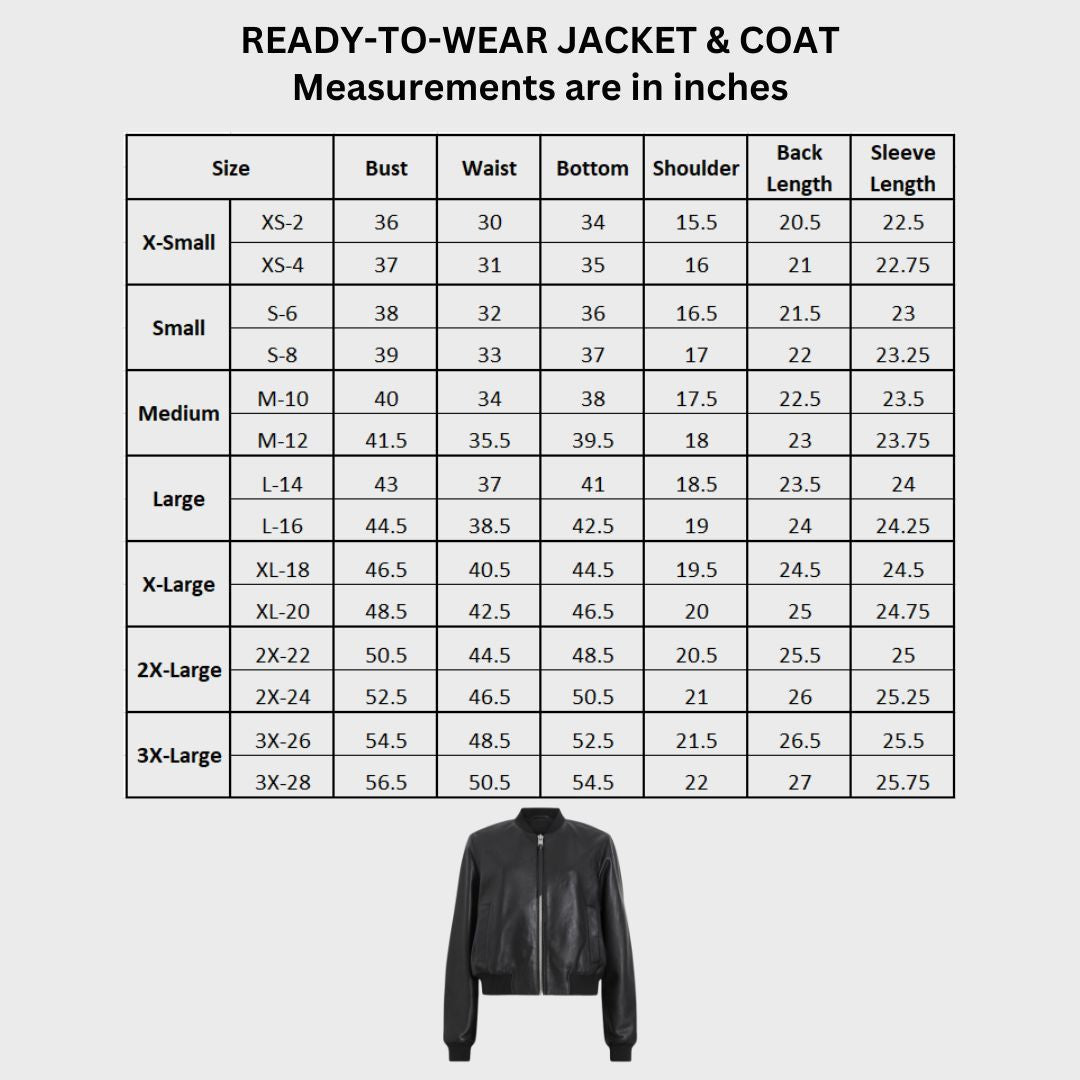 Size chart for a black leather bomber jacket for women