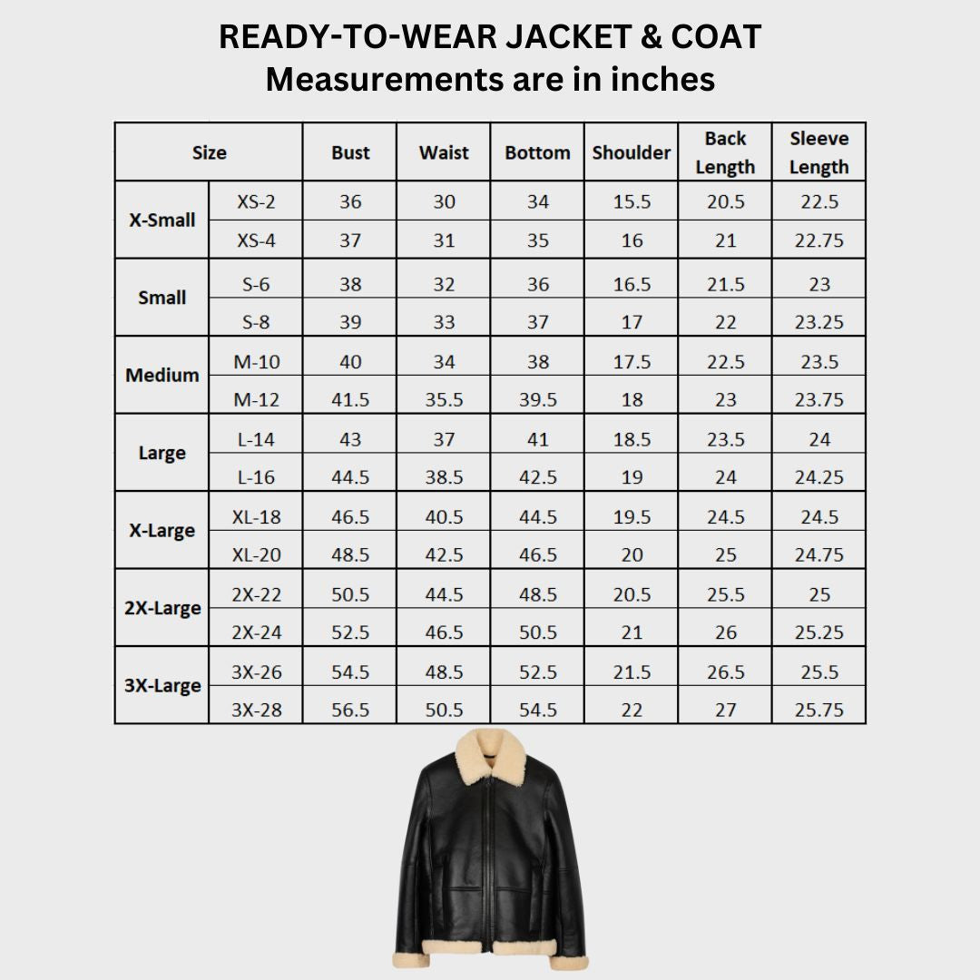 Size chart of black leather faux fur bomber jacket for women