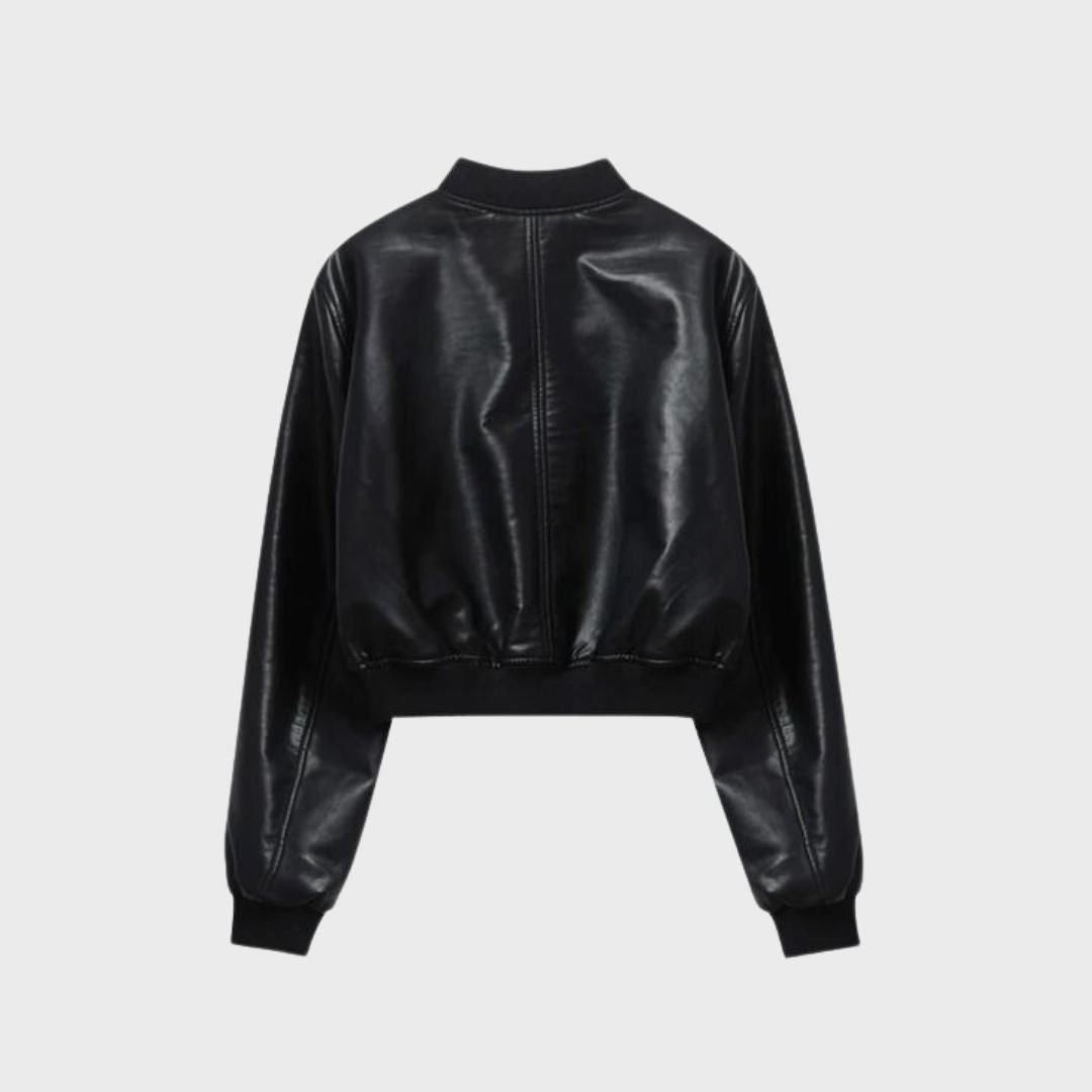 Back of a black leather steel boned bomber jacket with ribana cuffs and waist