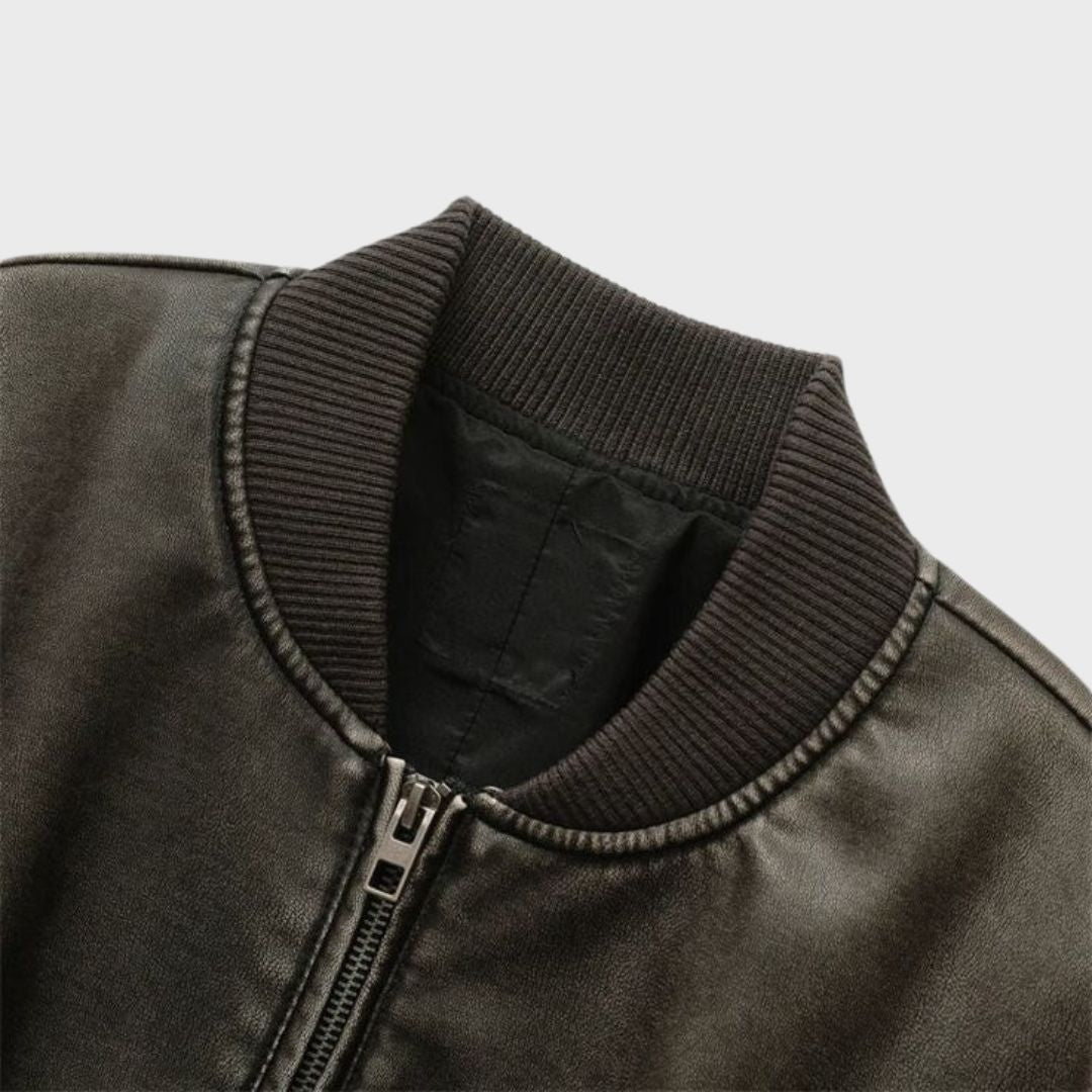 Defined collar on a black leather bomber jacket handmade with 100% lambskin