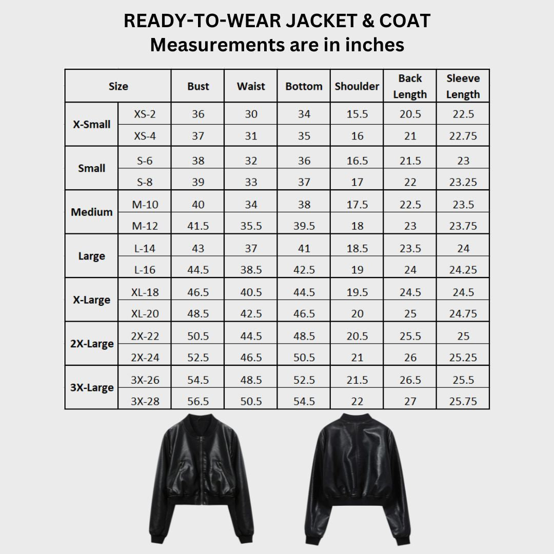 Size chart of lambskin soft leather bomber jacket in cropped style for women