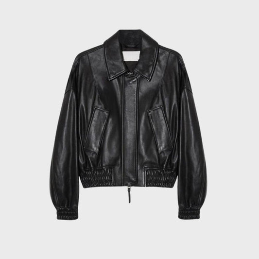 black leather pocketed bomber jacket for women