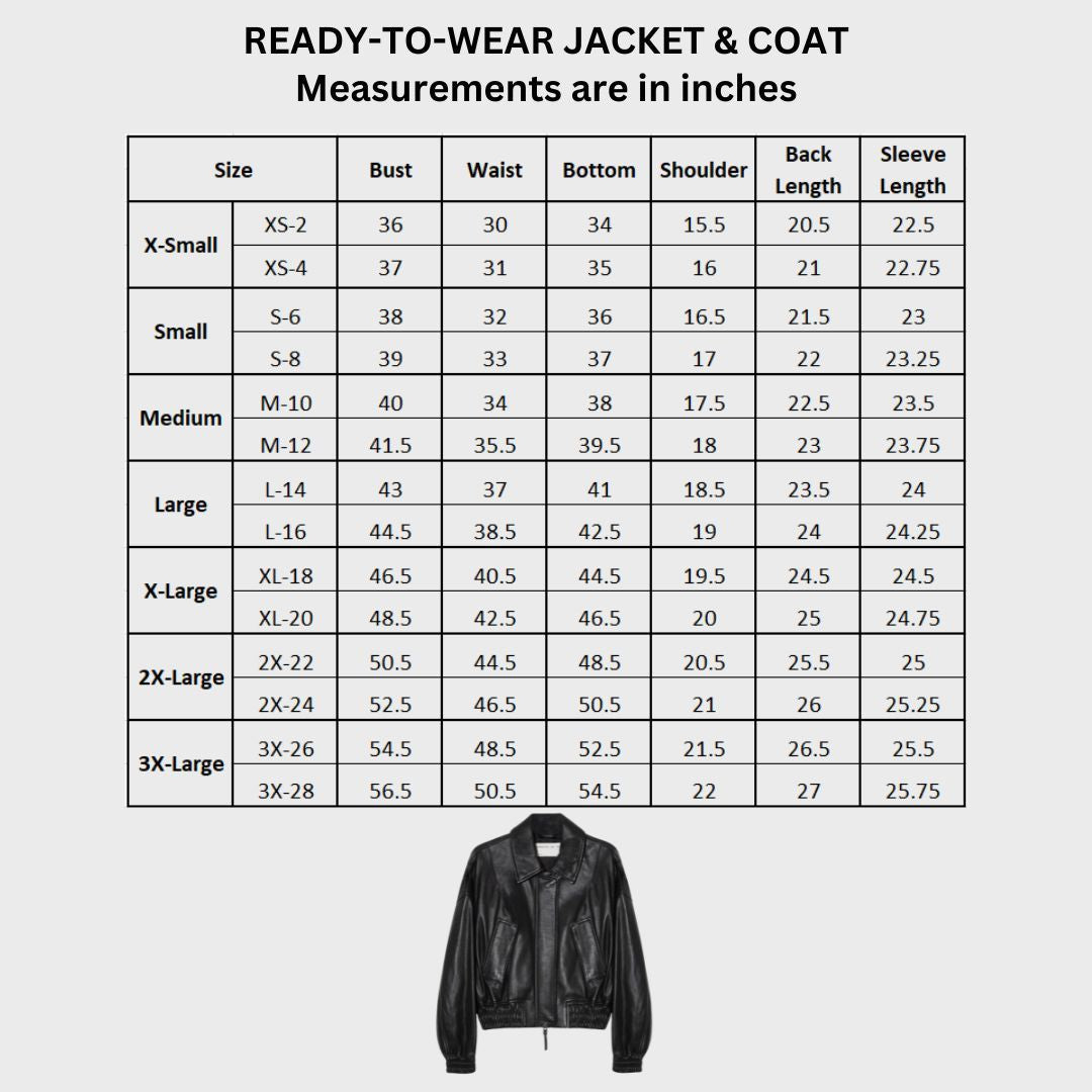 size chart of sheepskin bomber jacket for women