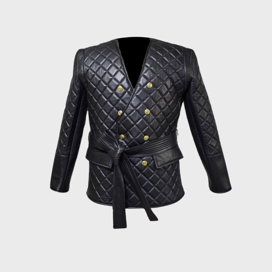 black quilted belted leather coat for men