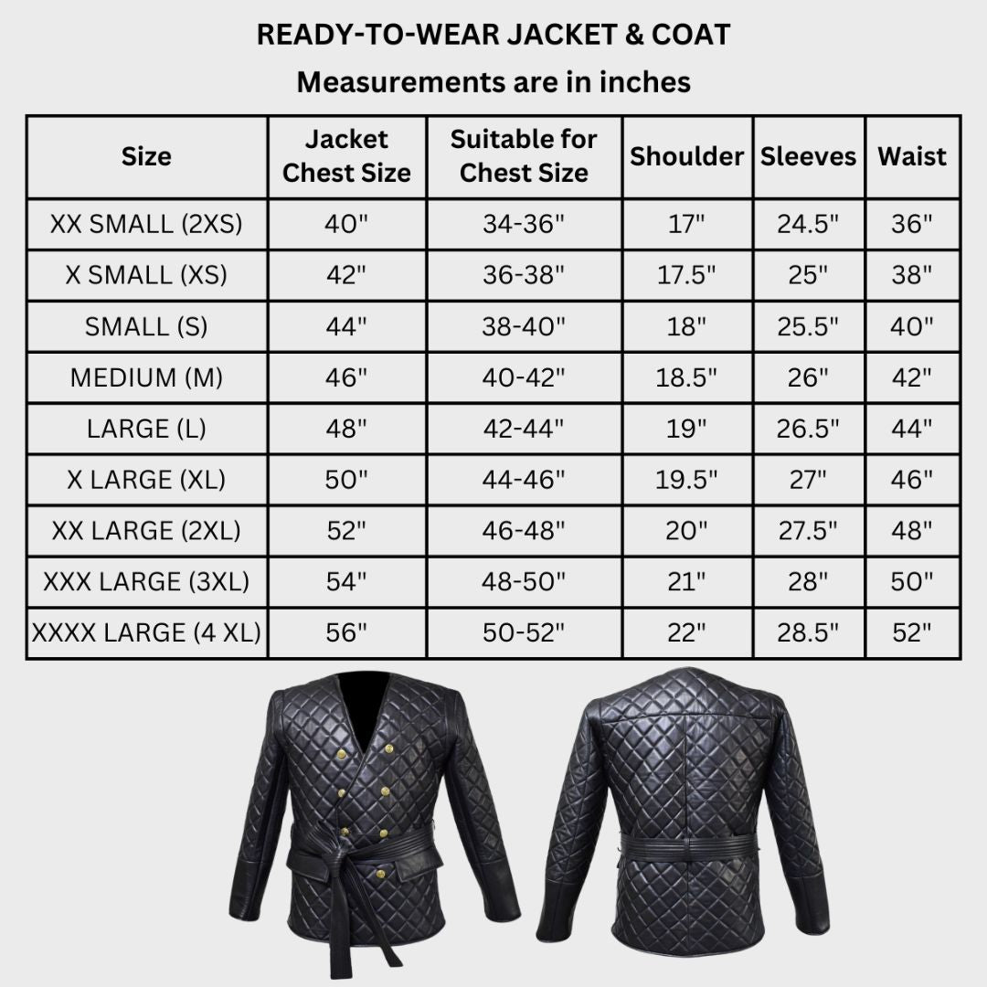 Size chart for black leather quilted coat with belt