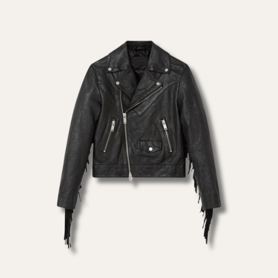 Genuine Black Leather Biker Jacket with Fringes for Women - Ninetino