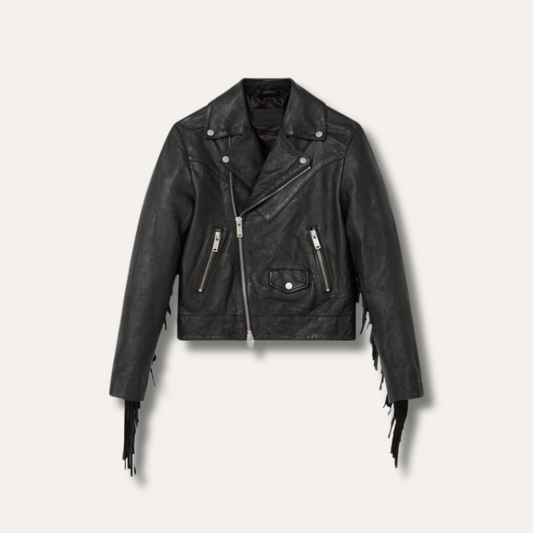 Genuine Black Leather Biker Jacket with Fringes for Women - Ninetino