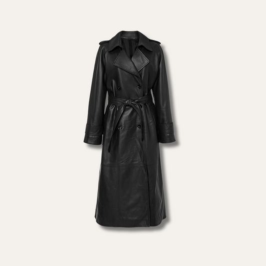 Genuine Black Leather Lambskin Trench Coat with Belt for Women - Ninetino