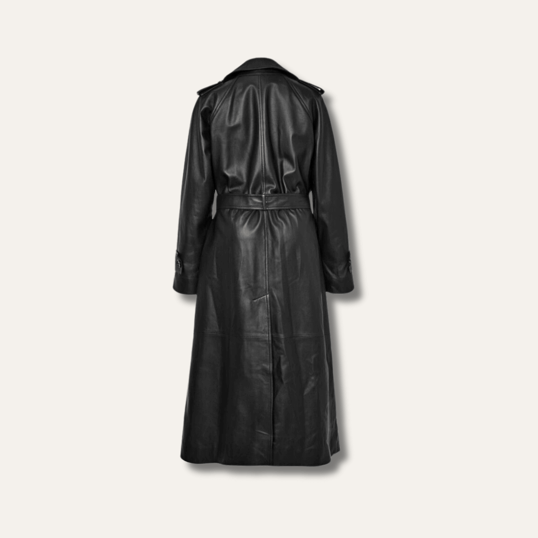 Genuine Black Leather Lambskin Trench Coat with Belt for Women - Ninetino