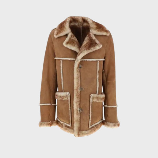 Brown suede shearling leather coat for winter season for men