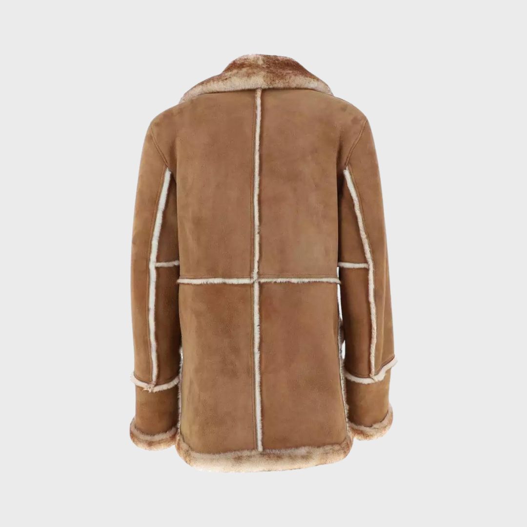 Back of Brown suede shearling leather coat for winter season for men