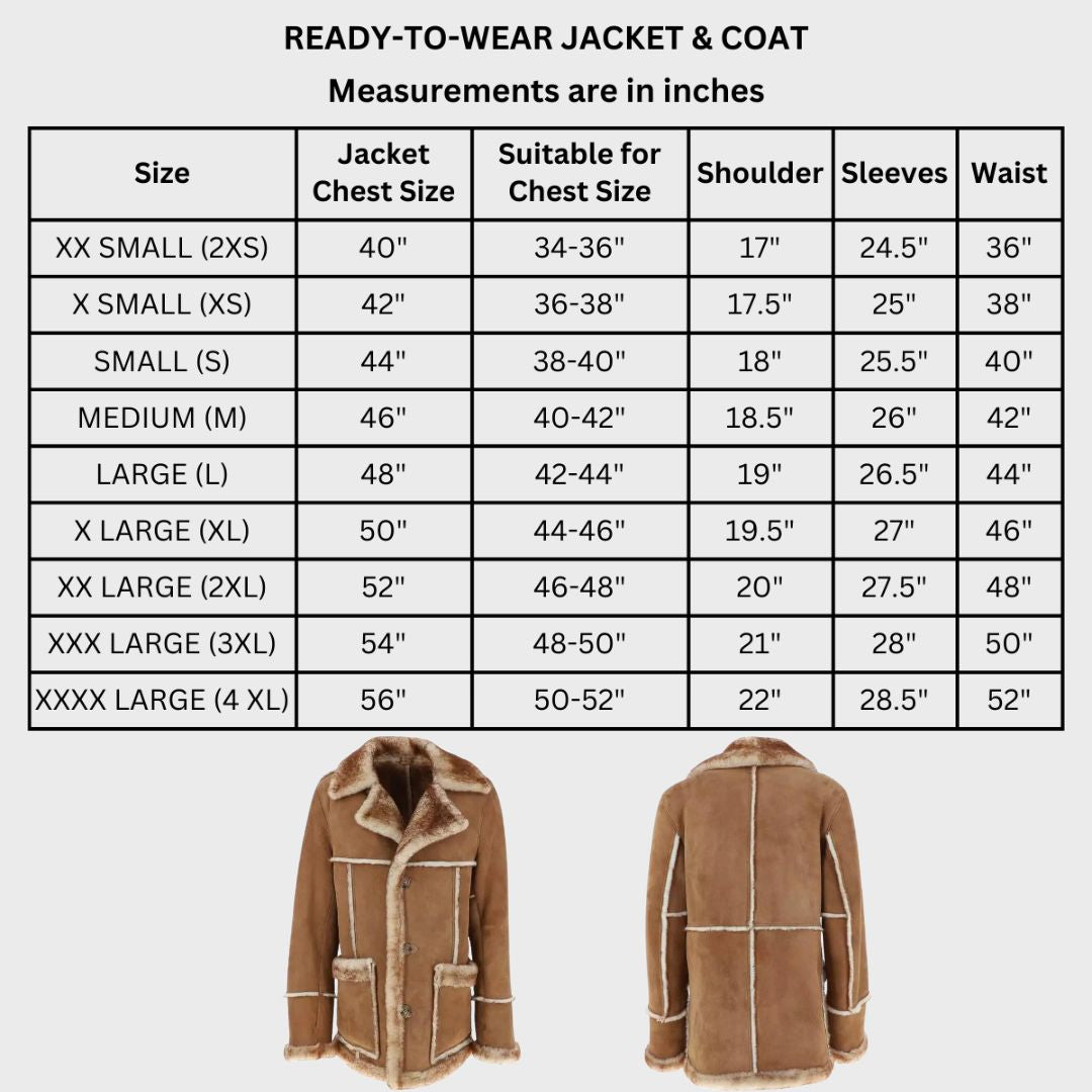 Size chart of suede real shearling leather coat for winters to keep you warm