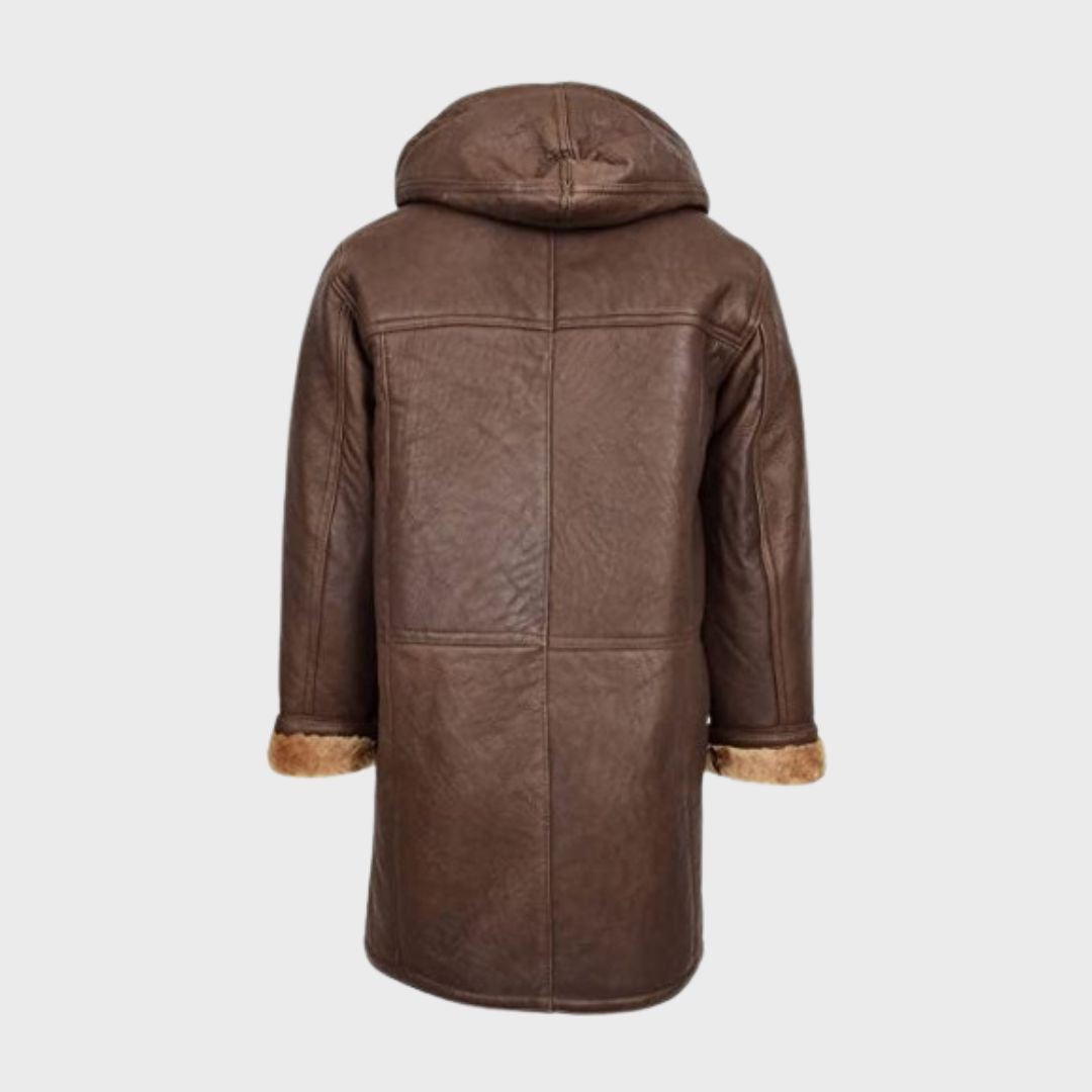 Lambskin leather winter fur and shearling coat in brown color with removable hood