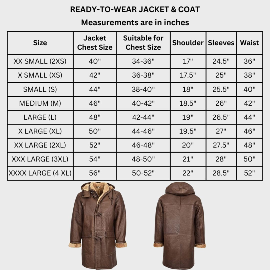 Size chart of fully lined with faux fur lambskin coat with detachable hood, body pockets and zip fastening closure