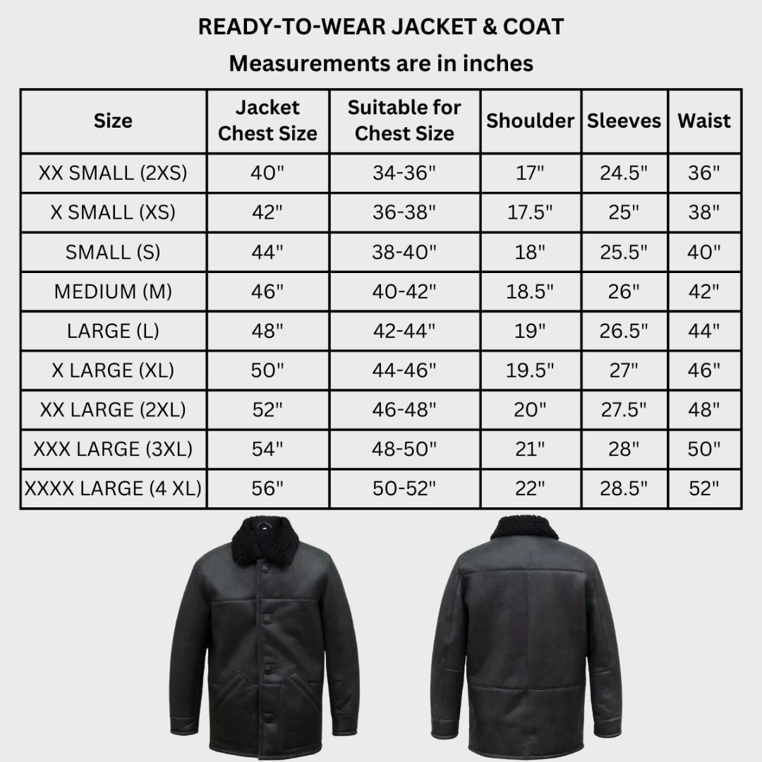 Size chart of black leather winter coat with detachable faux fur collar