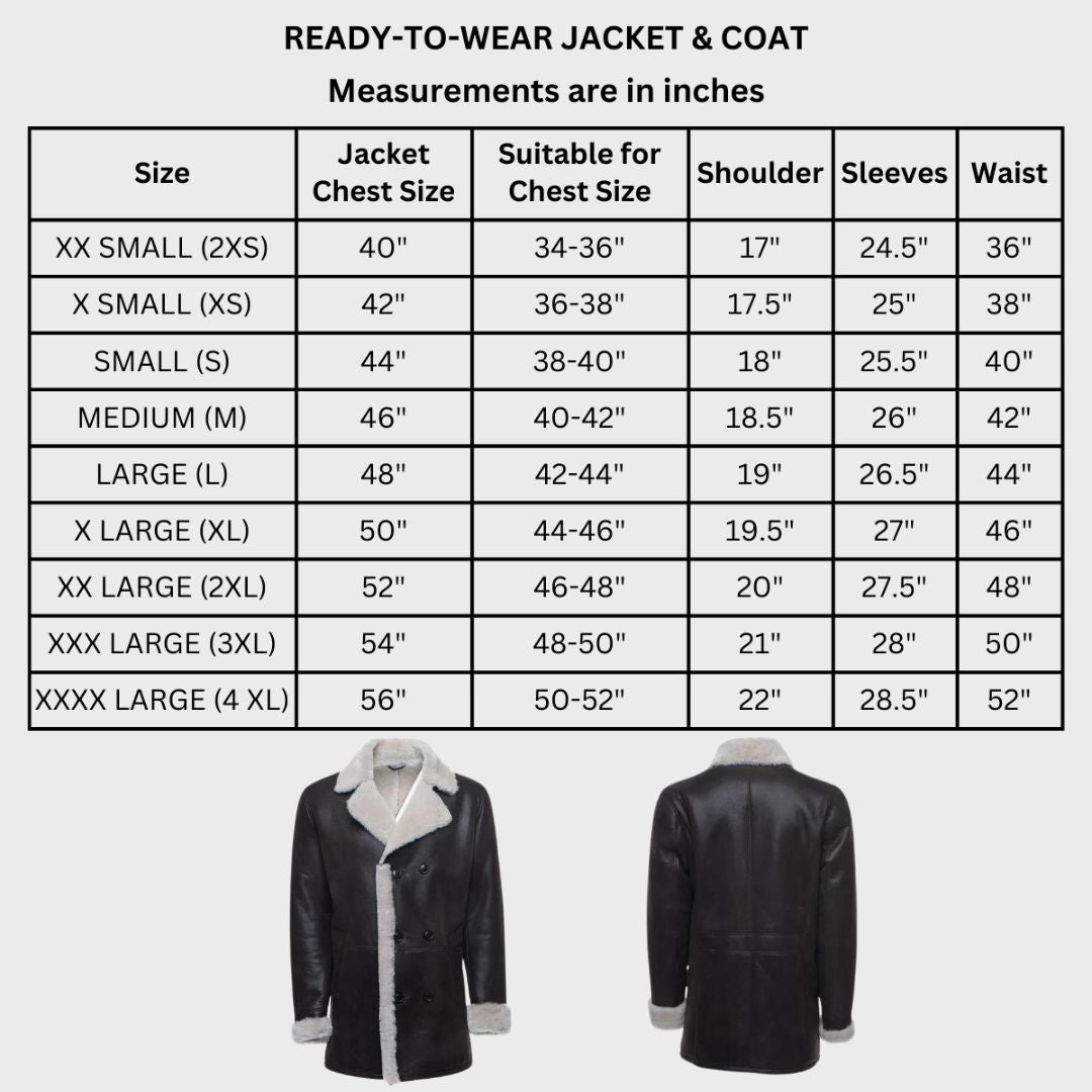 Size chart of Leather shearling coat with full faux lining 