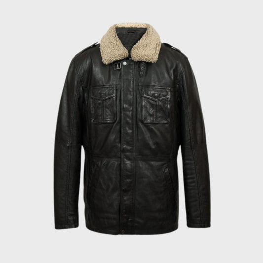 lambskin leather jacket for men with detachable faux fur collar, polyester lining and 6 pockets