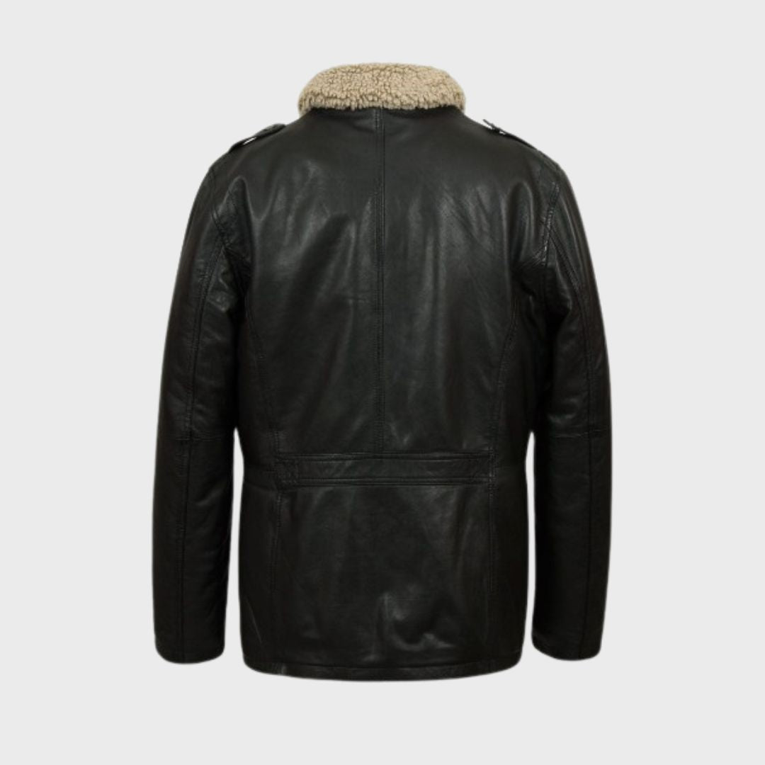 Black leather jacket for men with detachable faux fur collar, polyester lining and 6 pockets