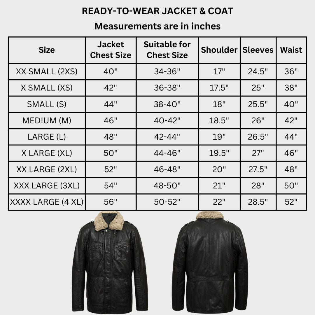 Size chart of real sheepskin leather jacket in black color with detachable fur collar, 6 pockets