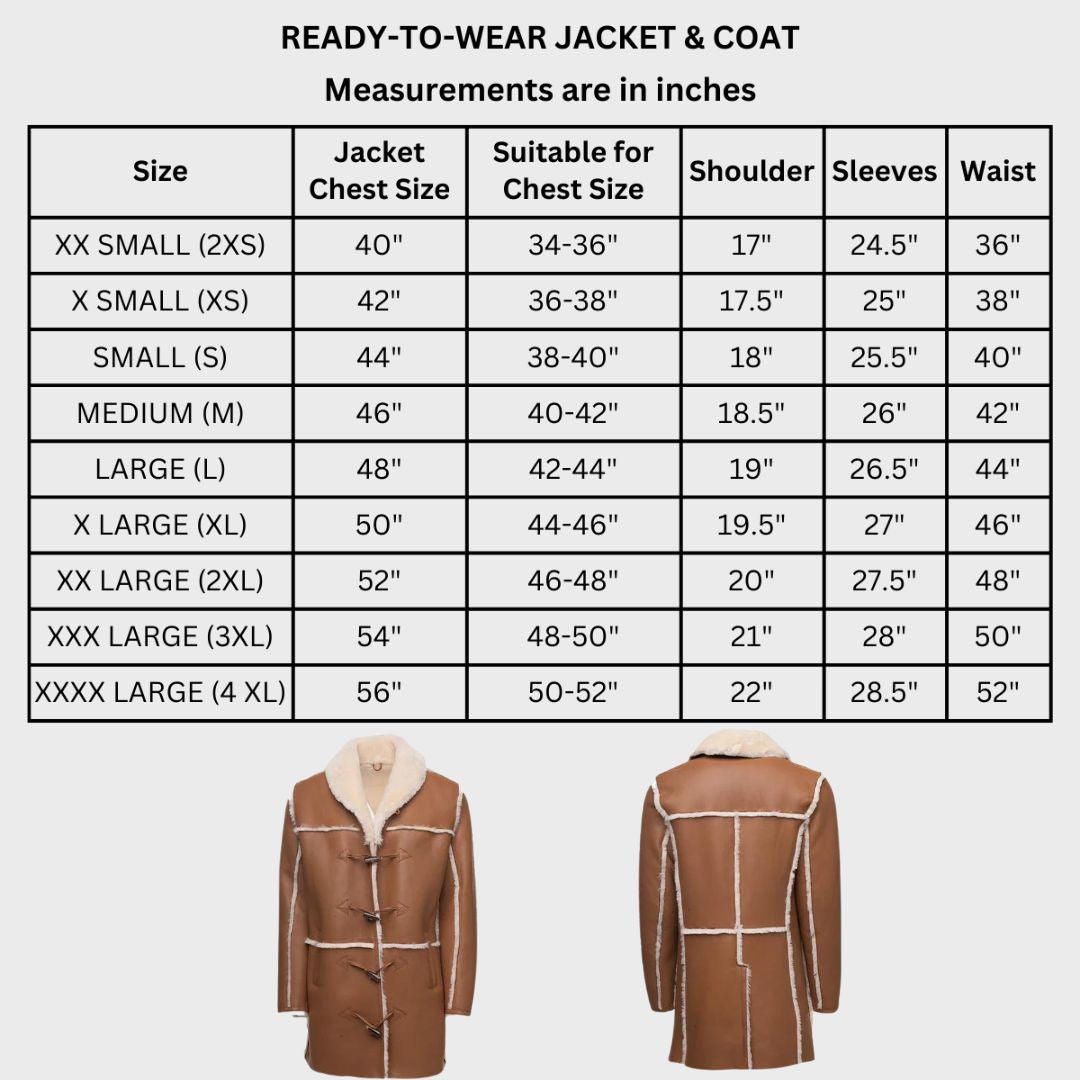 Size chart for men's faux fur suede winter coat 