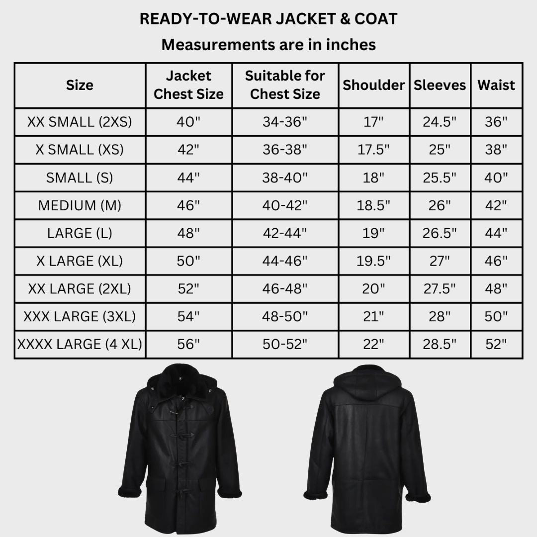 Size chart of real lambskin black leather fur coat with fur lining, pockets and detachable hood