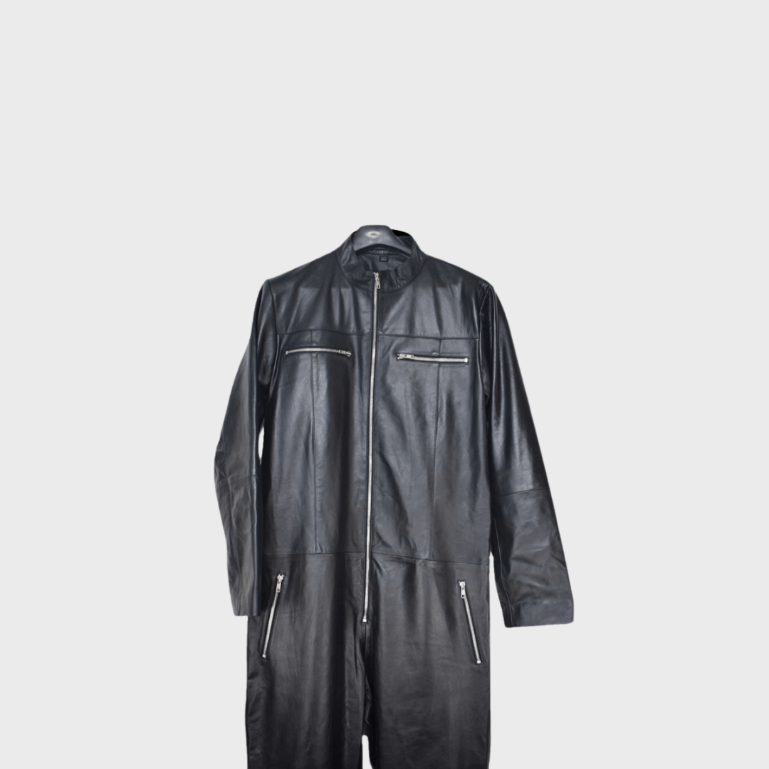 Premium Black Leather Biker Jumpsuit for Men by Ninetino