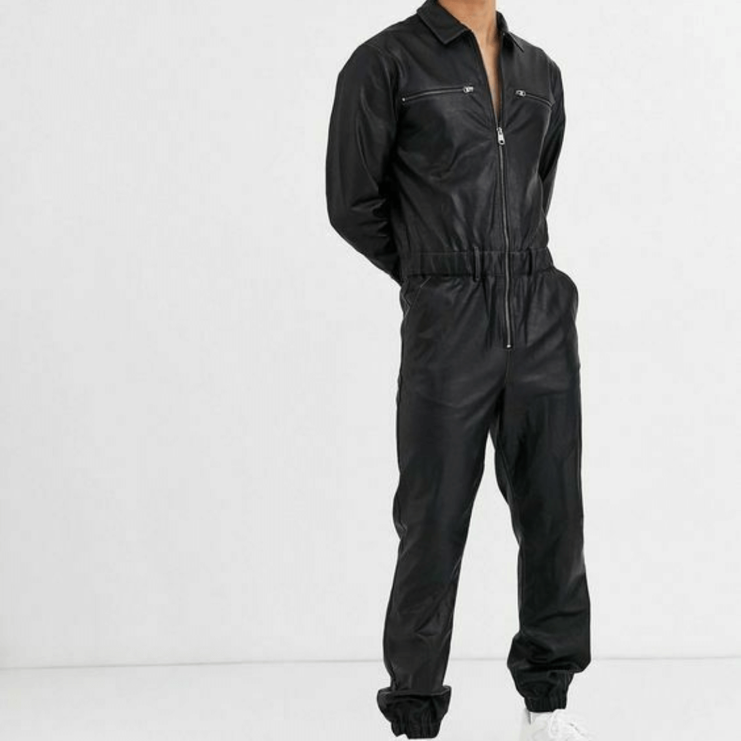 Stylish Black Leather Biker Jumpsuit with Jogger Ankle by Ninetino