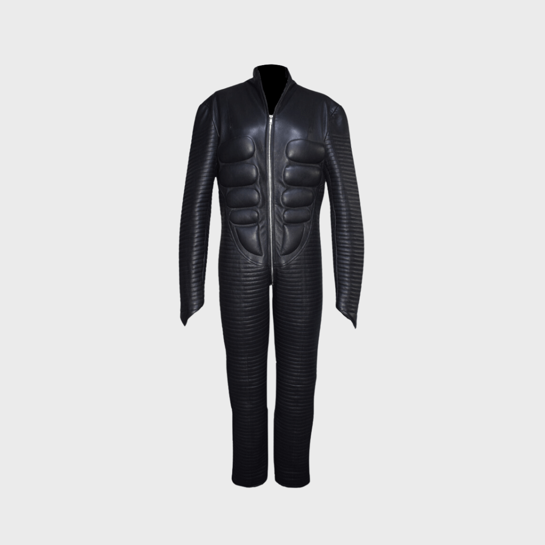 black leather moto gp padded jumpsuit for men