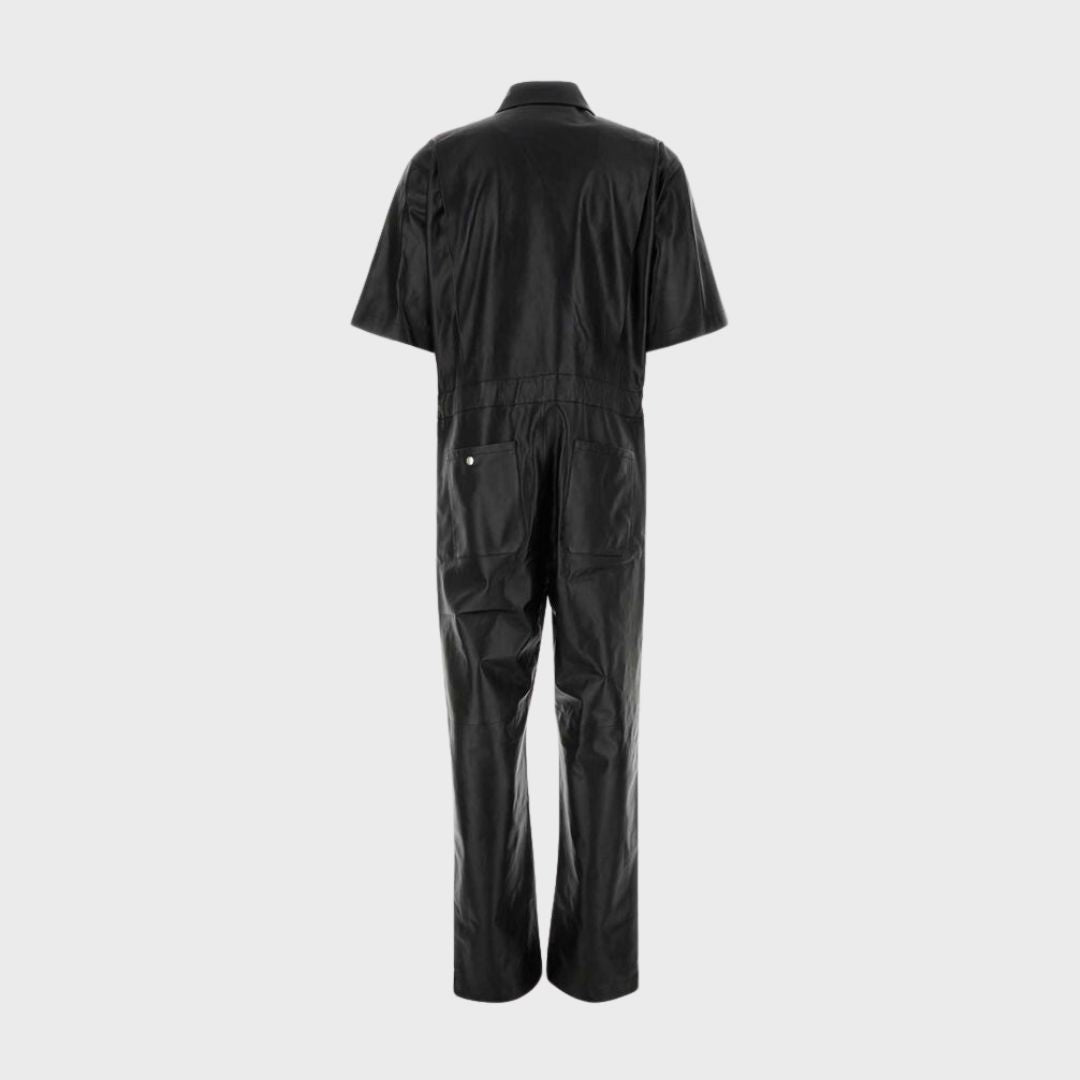 Men's Genuine Black Leather Half Sleeves Jumpsuit with Shirt Collar - Premium Quality