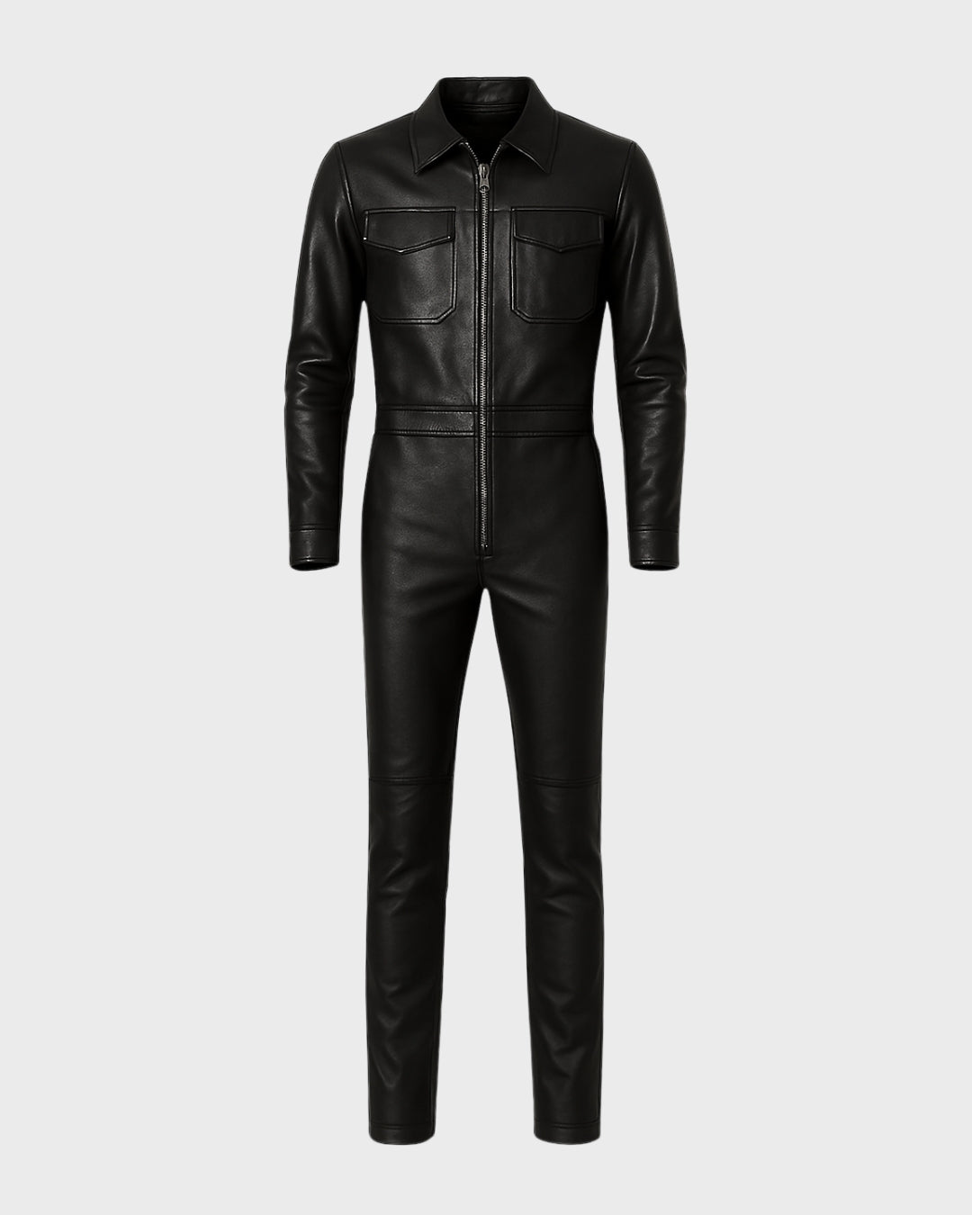 men's black leather jumpsuit with zipper closure