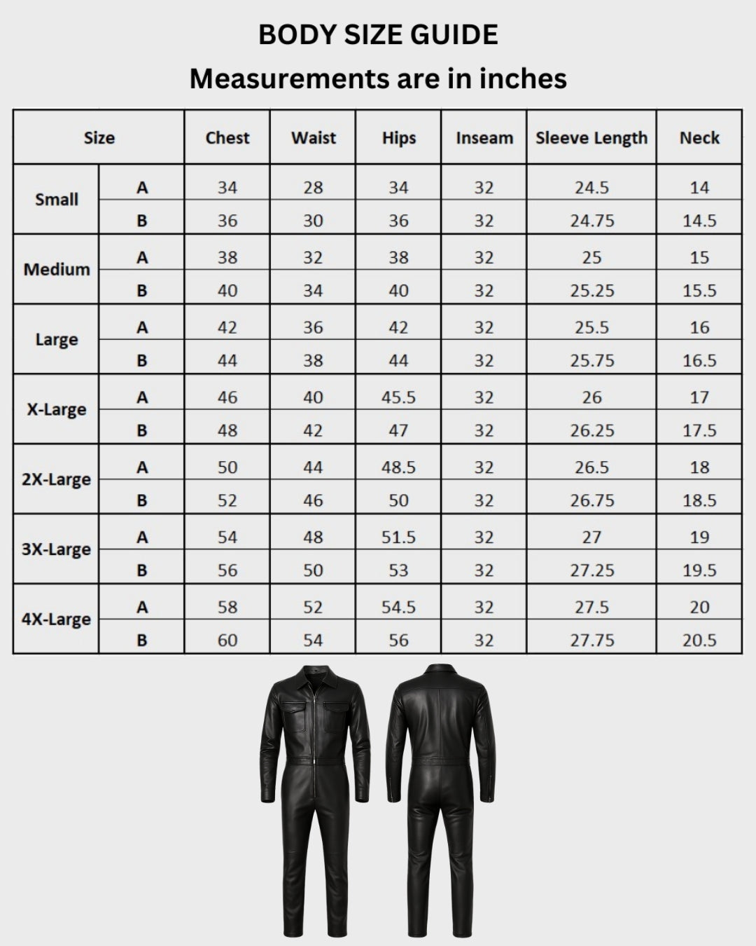 black leather biker jumpsuit front and back view