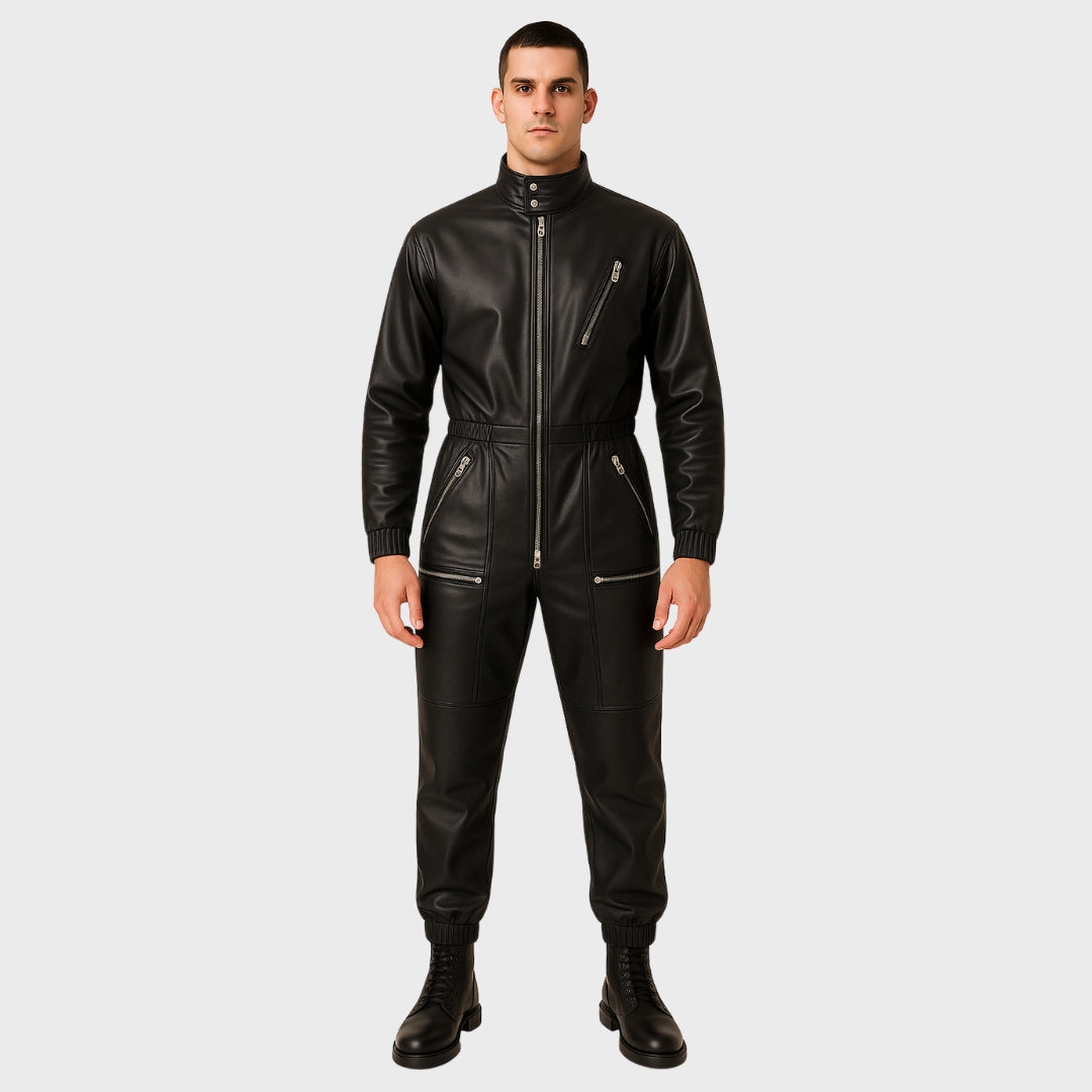 short hair man wearing a black leather jumpsuit handcrafted with real sheep leather, multiple zipper pockets and zipper fastening closure