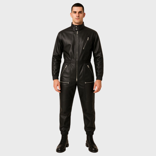 short hair man wearing a black leather jumpsuit handcrafted with real sheep leather, multiple zipper pockets and zipper fastening closure