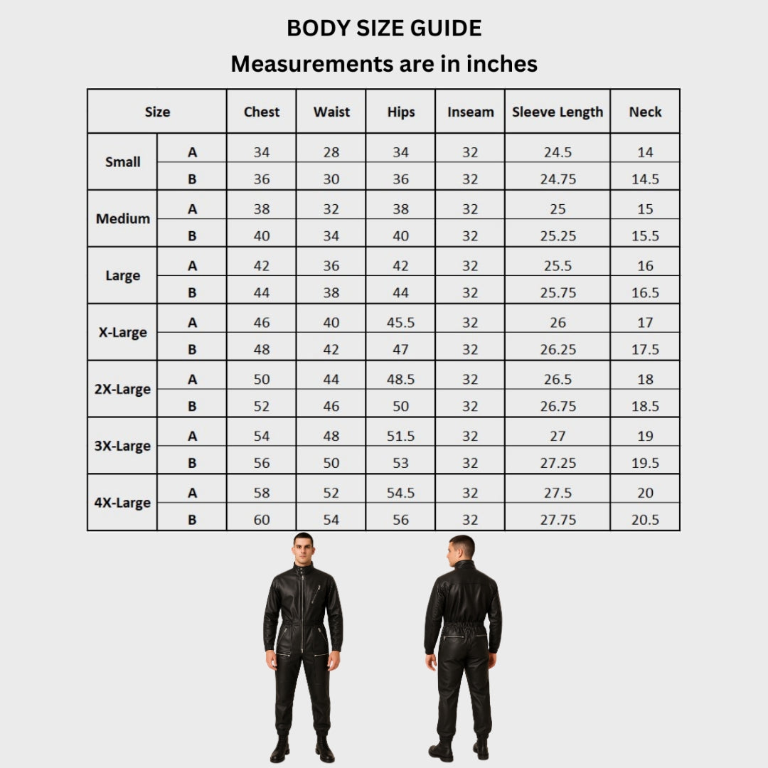 Men's size chart for jumpsuits and bodysuits