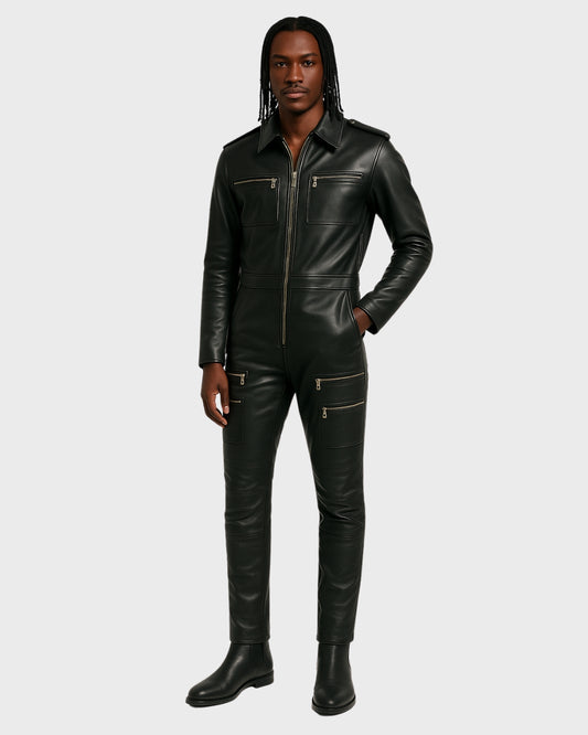 front view of men’s black genuine leather jumpsuit
