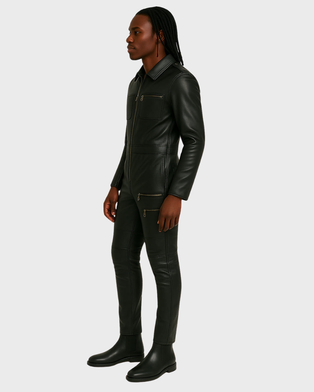 full-body model in black leather utility jumpsuit