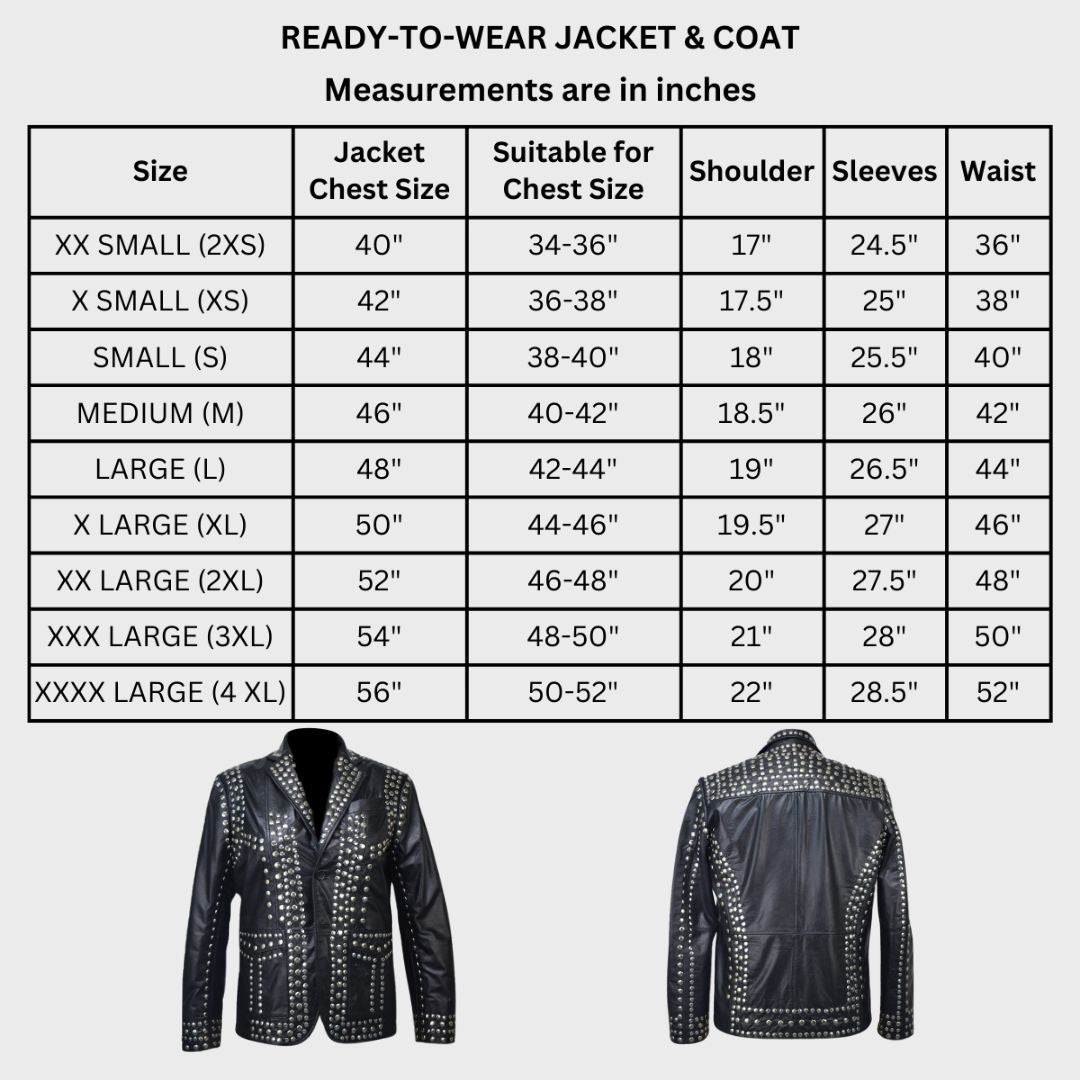 Size chart of a black leather blazer with silver studs.