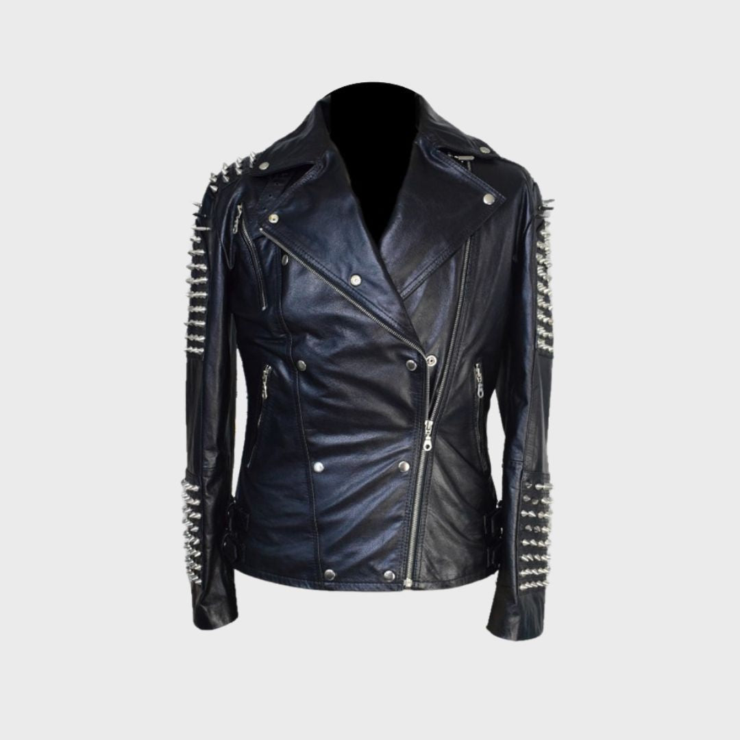 Front of black leather studded biker jacket handmade with lambskin. Features Silver studs, zipper fastening, notch collar, zipper pockets.