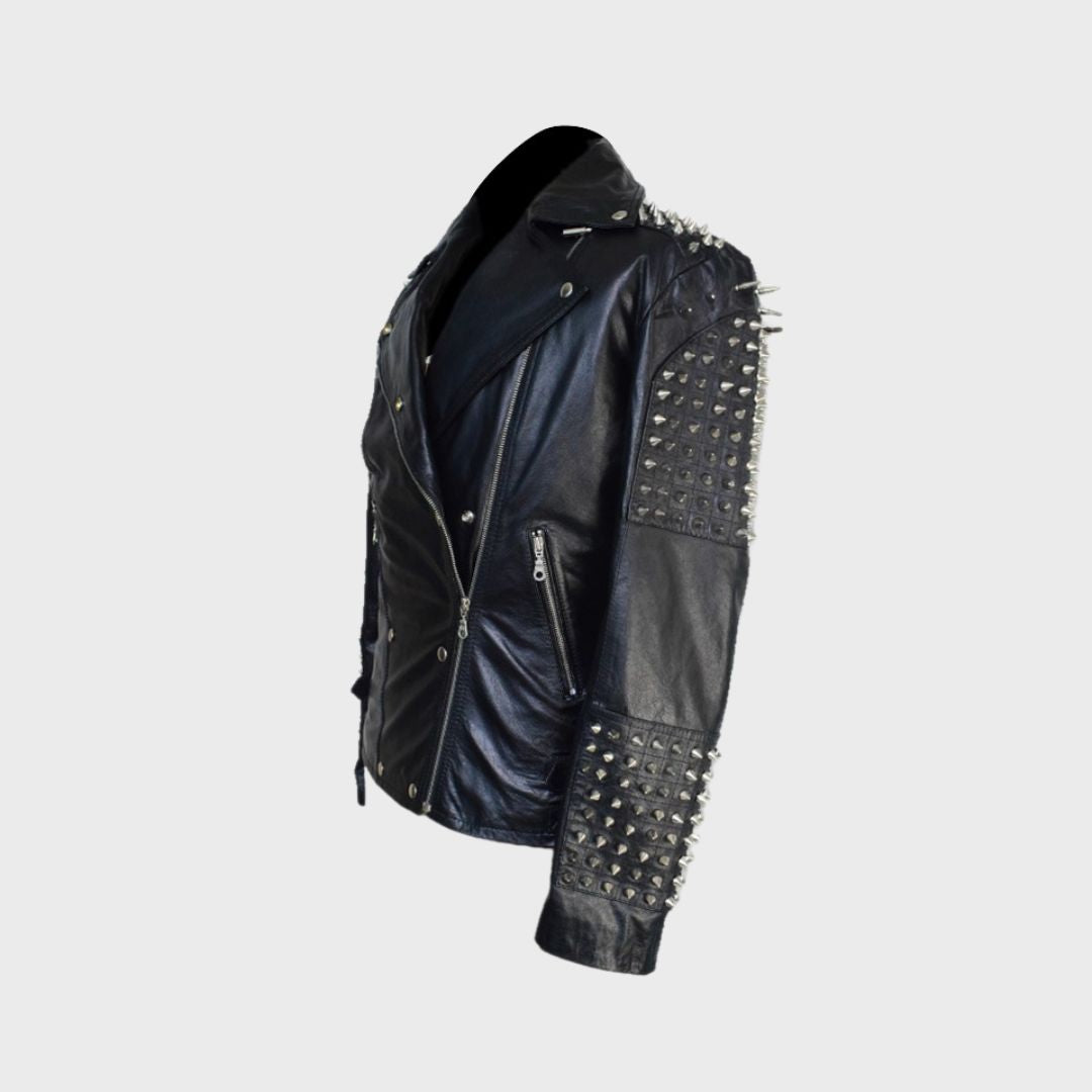 Left side of black leather studded biker jacket handmade with lambskin. Features Silver studs, zipper fastening, notch collar, zipper pockets.