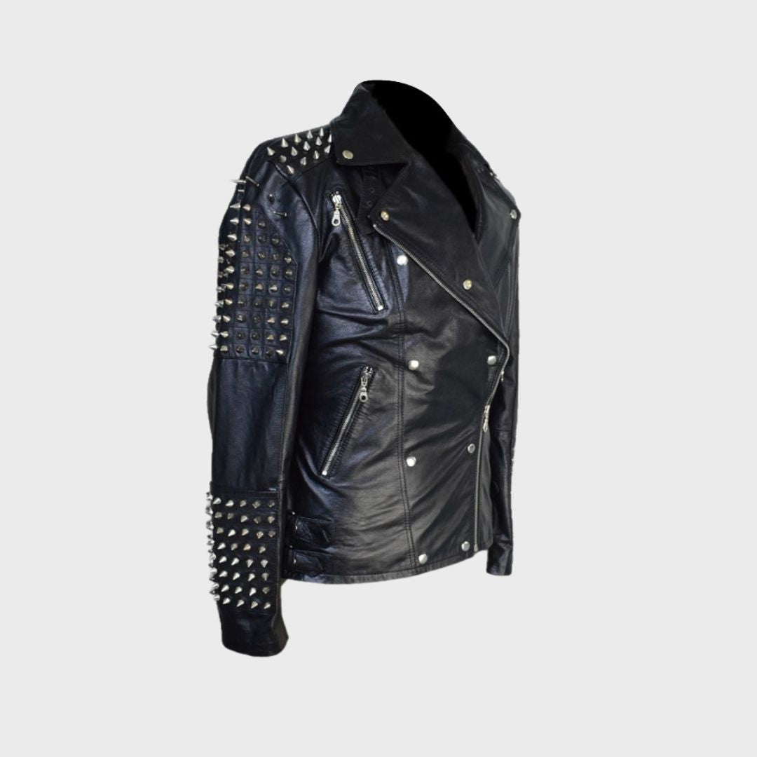 Right side of black leather studded biker jacket handmade with lambskin. Features Silver studs, zipper fastening, notch collar, zipper pockets.