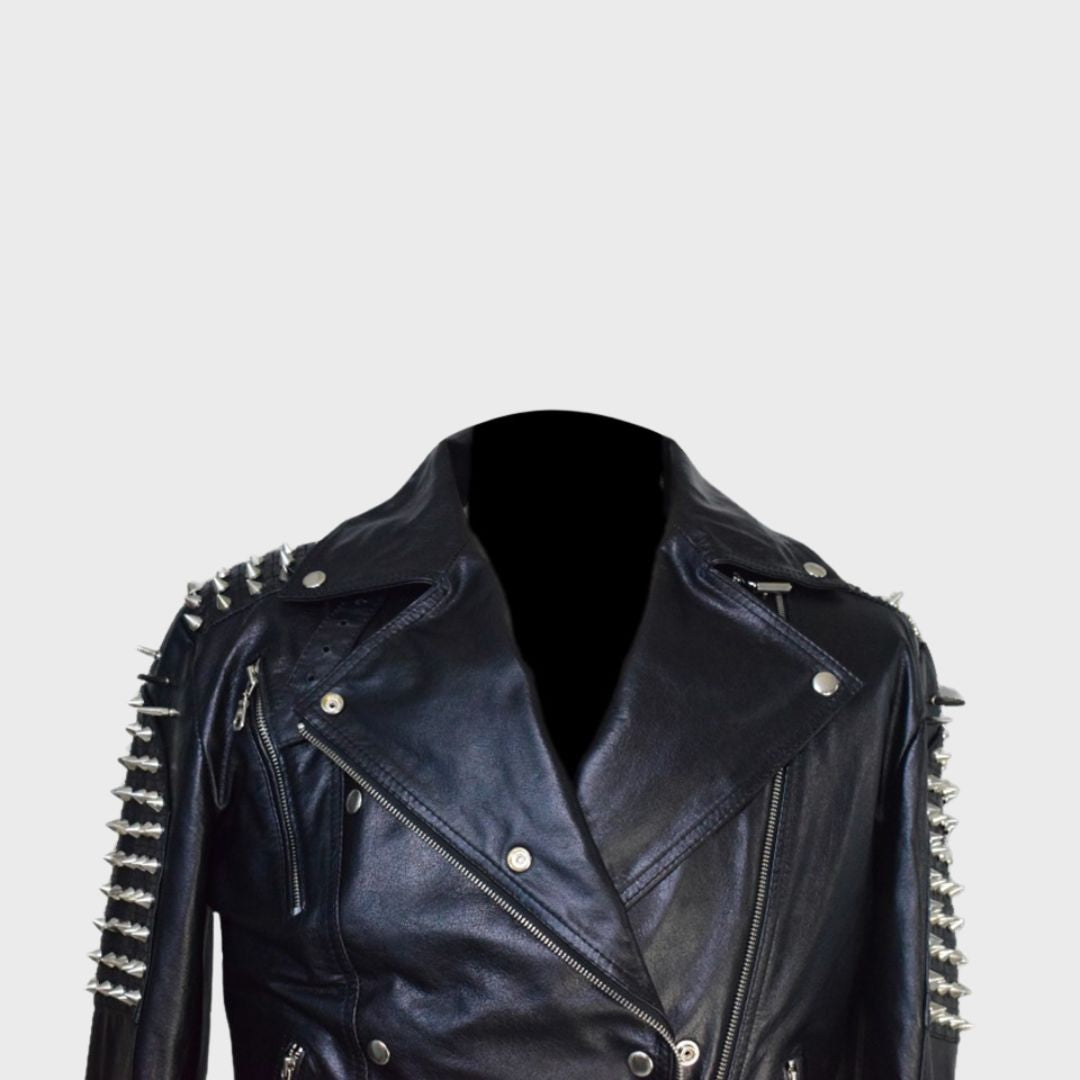 Close-up of black leather studded biker jacket handmade with lambskin. Features Silver studs, zipper fastening, notch collar, zipper pockets.