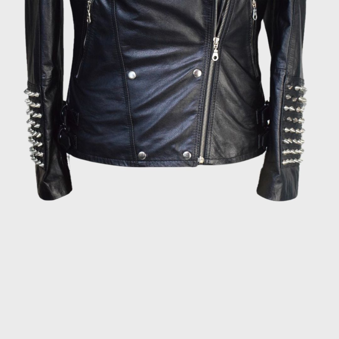 Waist of black leather studded biker jacket handmade with lambskin. Features Silver studs, zipper fastening, notch collar, zipper pockets.