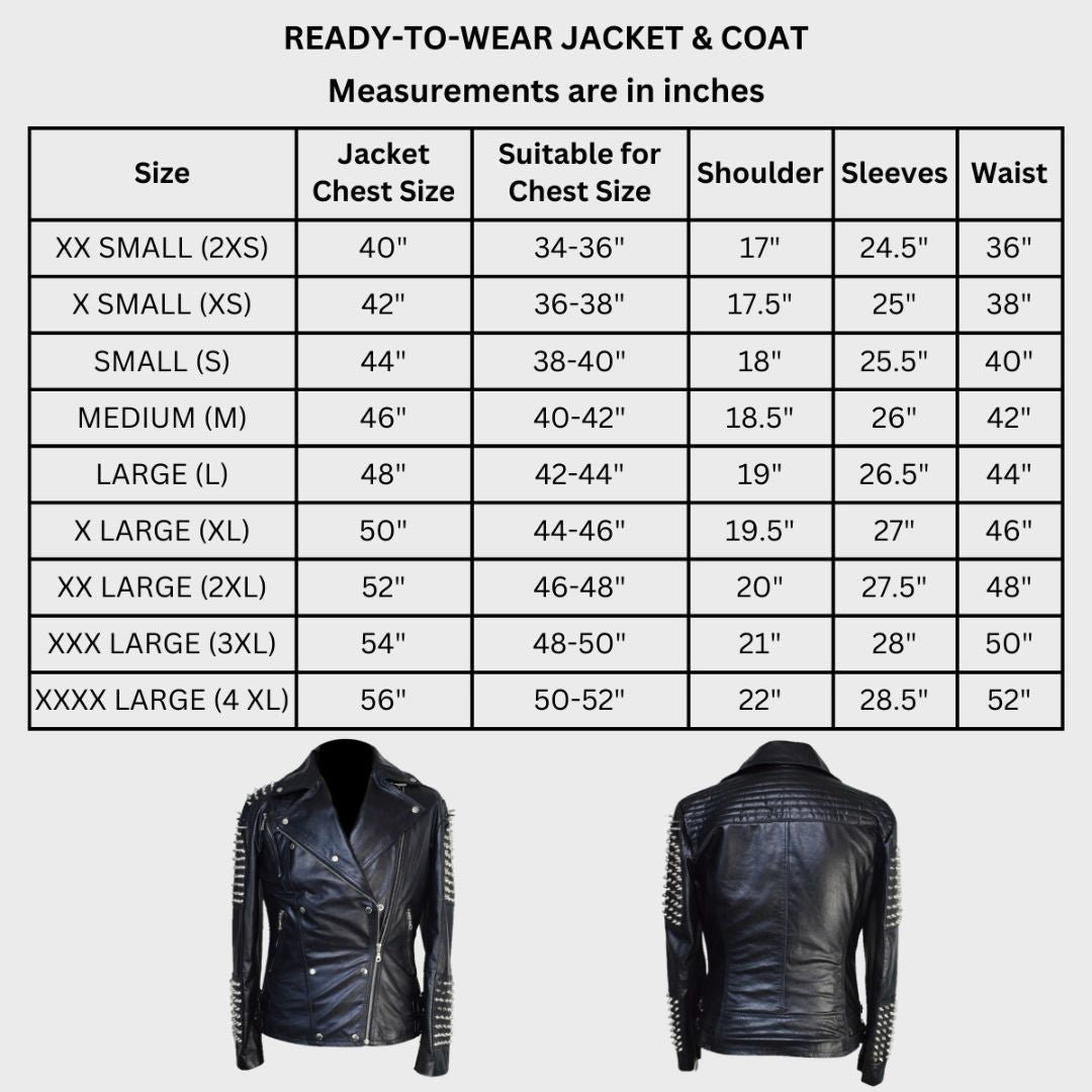 Size chart of black leather studded biker jacket handmade with lambskin. Features Silver studs, zipper fastening, notch collar, zipper pockets.