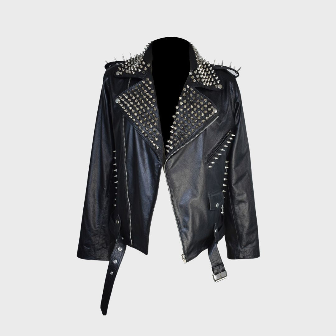 Front of 100% lambskin handcrafted silver studded black leather biker jacket for men. Features silver spikes, belt, zipper cuffs, notch collar, shoulder epaulettes